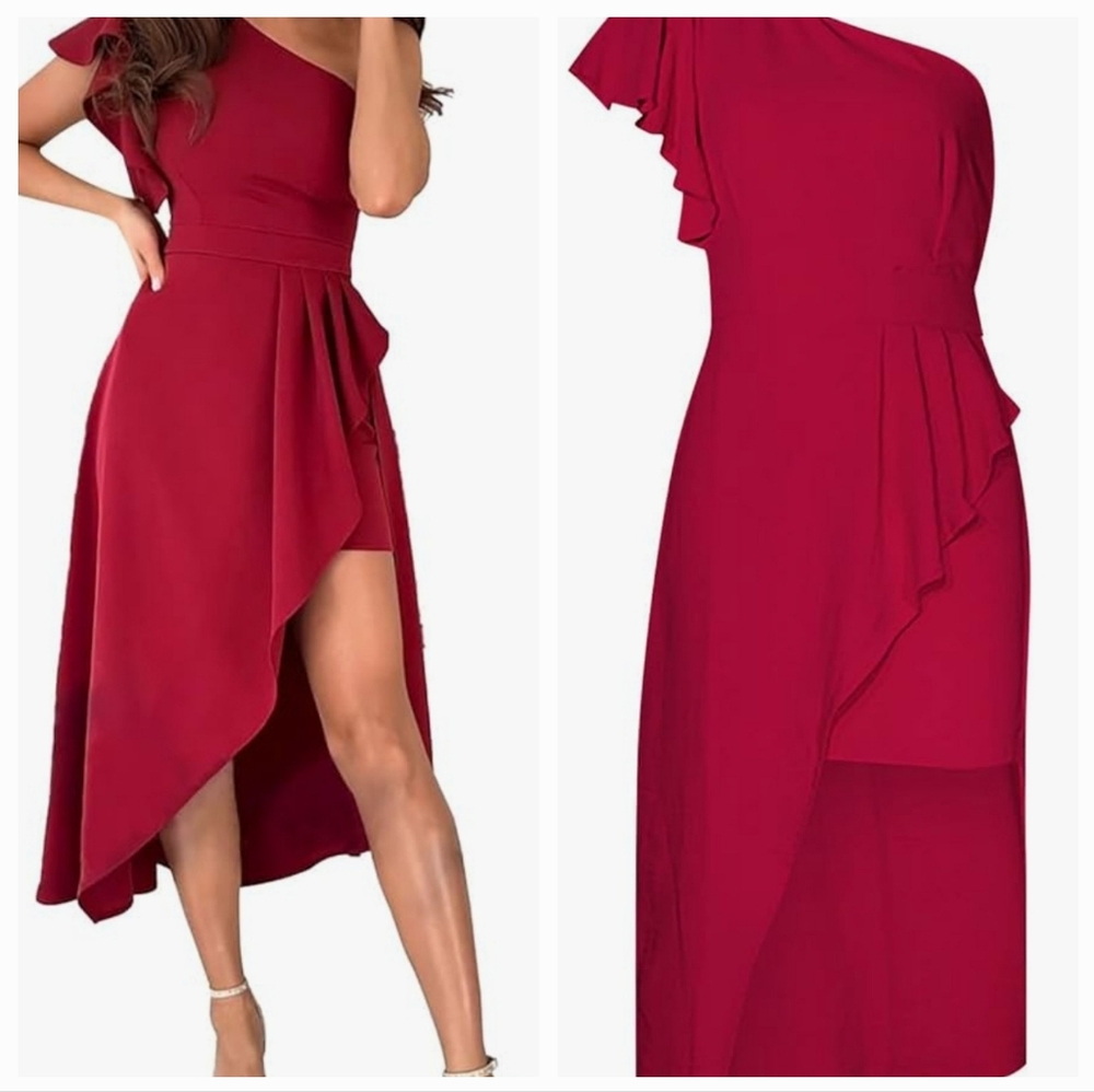 Women's One Shoulder Cocktail Midi Dress Ruffle Short Sleeve Rouched Dre…